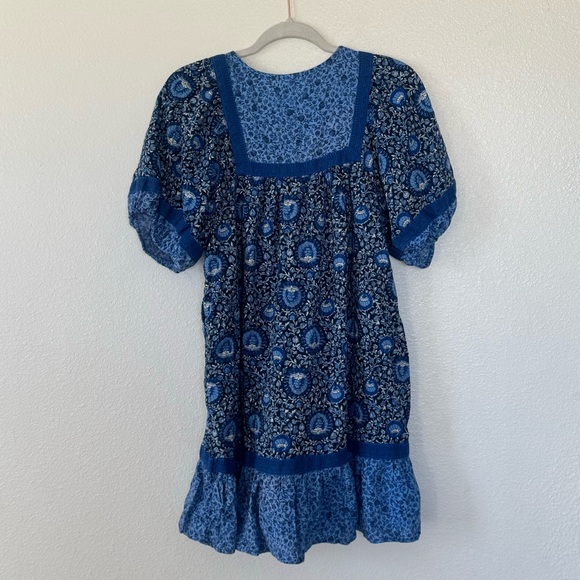Old Navy Puff Sleeve Peacock Swing Mini Dress Blue Printed Cotton Cottagecore S - Picture 5 of 10